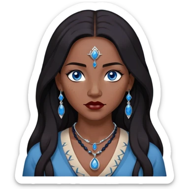 woman katara native american blue eyes dark skin freckles dark black long hair reddish lipstick necklace with sapphire pendant sticker