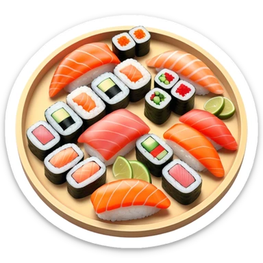 Cinematic Realistic Sushi Dish Emoji, depicted as an artful arrangement of fresh sushi with vibrant colors rendered with lifelike textures and delicate, natural lighting. sticker