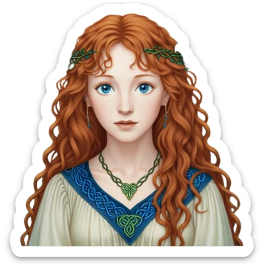 a detailed portrait of loreena mckennitt, focusing on her upper half. she has long, curly auburn hair, fair skin, and piercing blue eyes. wearing a flowing blouse with Celtic-inspired embroidery, soft light highlights her serene and contemplative expression, set against a misty, mystical background. sticker