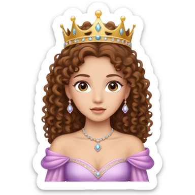 A princess with long lashes, light skinned, brown, curly hair and a big tiara sticker