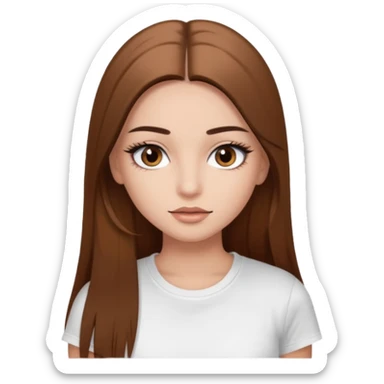 Chica de pelo liso ,largo clean look  y marrón con ojos color marrón  y una camiseta blanca y la piel blanca con pestañas y maquillada clean look  sticker