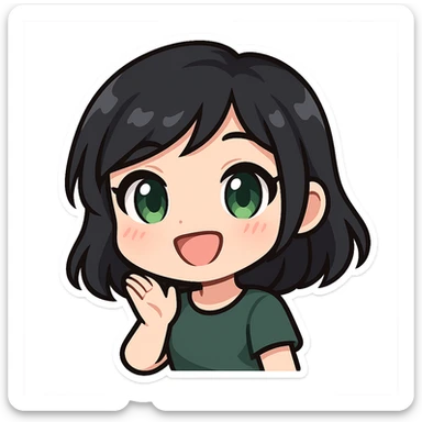 cute girl with black hair and green eyes, smiling, twitch emote style sticker