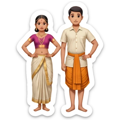 31 years young and small Brahmin boy with traditional formal cotton shirt and cotton lungi is pleasent peaceful thankful to 18 years young and fat and tall Brahmin girl with the complete decoration of bharatanatyam as godess lakshmi devi. sticker