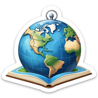 an icon featuring an earth with attitude and longitude lines, a textbook, and a topographic map, symbolizing geography as a science. The design includes a compass, mountain ranges, and rivers, representing the study of Earth's features and landscapes. Transparent background highlights geography. sticker