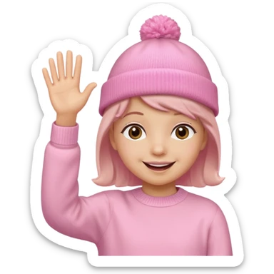 Kid in pink hat and jumper waving sticker