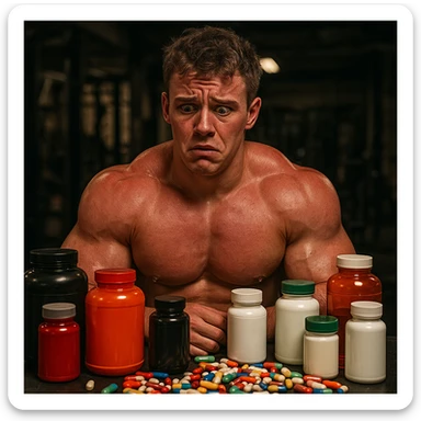 realistic young inexperienced bodybuilder surrounded by many colorful bottles and pills, confused and worried expression, swollen muscles but red skin, risky atmosphere, messy gym background, 4K quality sticker