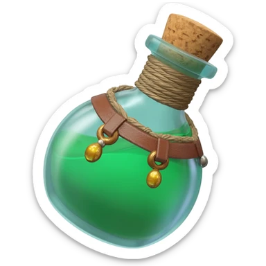 an EMPTY round potion bottle a little rotated to the left with a cork and decorations on the bottle like ropes and belts and random stuff sticker