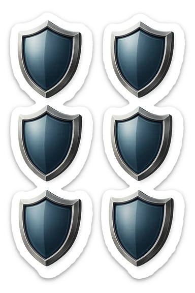 6 scudi 3d che simboleggiano "difesa e protezione", realistici in 3d fluttuano in aria, iperrealistico 4k sticker