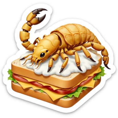 MAKE A SCORPION ON TOP OF A EHITE FLUFFY CLOUD THAT IS HOLDING A SANDWICH IN ITS CLAW AND LOOKING LIKE ITS EATING IT AND NOT ON TOP OF THE SANDWICH sticker