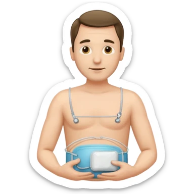 A man in his mid-40s with a stoma bag on his stomach. sticker