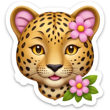 A cutE leopard face with eyes closed and a peaceful smile. A pink flower with a yellow center is tucked behind its right ear, adding a charming and gentle touch.  sticker