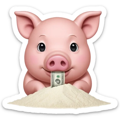 A pig with a dollar bill held to his nose looking down at a small pile of flour  sticker