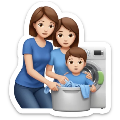 Mother and little son with brown hair putting clothes in the washing machine sticker