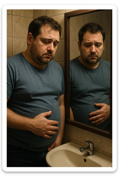 uomo che si guarda allo specchio triste mentre si tocca la pancia, pensieroso, iperrealistico 4k sticker