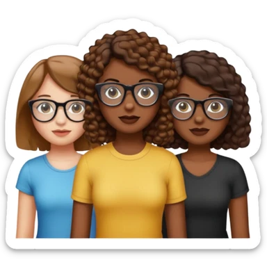 three girls, two with straight light brown hair shoulder length, white skin, one with short curly dark hair, dark skin, wearing transparent glasses, emoji style sticker