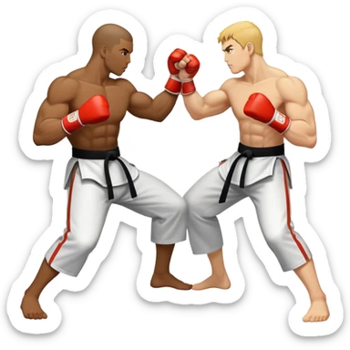 Round emblem symbolizing striking martial arts. The emblem features two fighters in dynamic stances, one delivering a powerful punch while the other defends with a block. In the center, a stylized fist and foot crossed to represent the essence of striking.  sticker