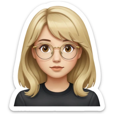 young adult woman with light skin, soft cheeks and round face, voluminous blonde-brown hair with slight waves and long bangs, large octagonal glasses with thin gold frame, dark casual shirt, calm and creative expression sticker
