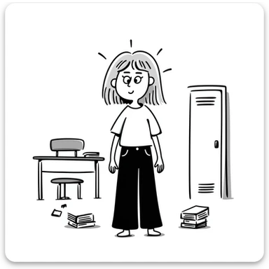 hand drawn doodle style blonde straight-haired girl, frazzled, surrounded by school chaos, survival mode sticker
