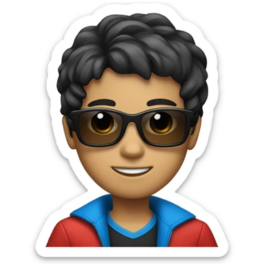 Kid wearing a red suit with black hair and wearing blue tinted sunglasses sticker