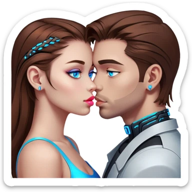 Neon cyberpunk style 
girl with brown hair and blue eyes kiss man sticker