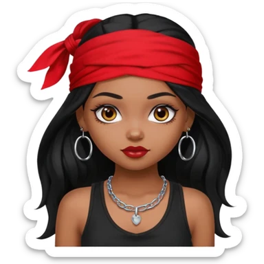 a pretty bratz dusky girl with long black hair, kajal under eyes, small silver hoop. black tank top on. Red bandana on sticker