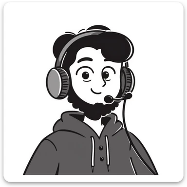 Highly detailed anime-style male character saying "Bonjour!", with styled black hair, expressive brown eyes, defined black beard, wearing detailed gaming headphones, anime art style with line work sticker