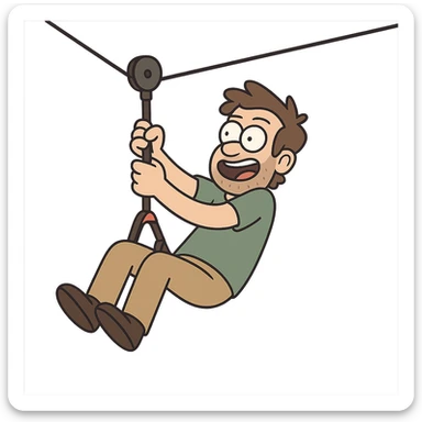 flat toon style man riding on a zip line sticker