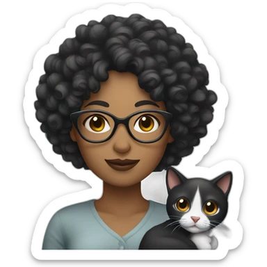 Curly woman with black hair and glasses, big nose, holding a gray cat sticker