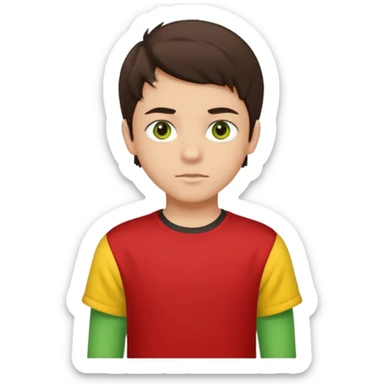 A portrait of a 14-year-old boy, he's got dark-brown hair, luight brownish skin and green hazel eyes. he's wearing a red t-sirt with yellow sleeves. sticker