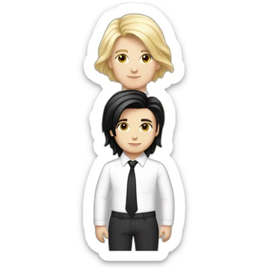 androgynous white boy bangs black straight hair white shirt black tie sticker