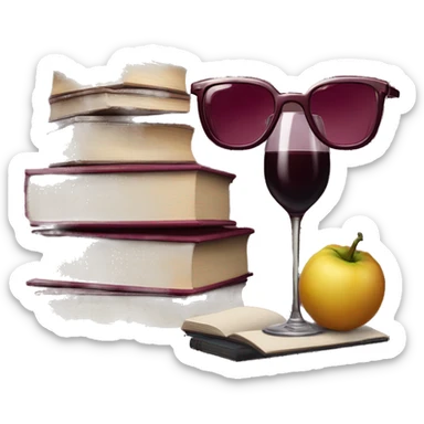 realistic stack of books and burgundy glasses next to them sticker