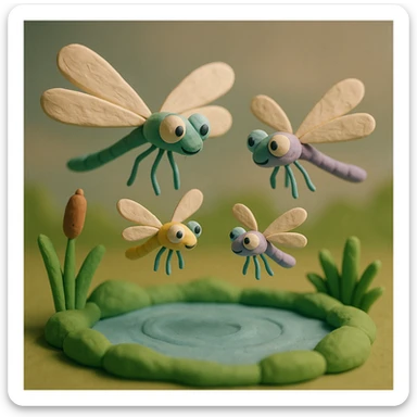 claymation style dragonfly family, two large and two small dragonflies hovering together above a pond, soft pastel colors, playful and gentle scene sticker