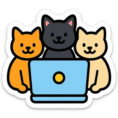 three cats sitting at a computer, color icon style sticker