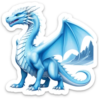 Cinematic Noble wise elegant Ice Dragon full body  Emoji, Poised and imposing, distinct long elegant snout, with a slender, scaled body shimmering in glacial hues of icy blue, frostbitten silver, and crystalline white, breathing out frost, with piercing, glowing ice blue white eyes that radiate the chilling depths of an arctic storm; rendered in detail. excuding wisdom sticker