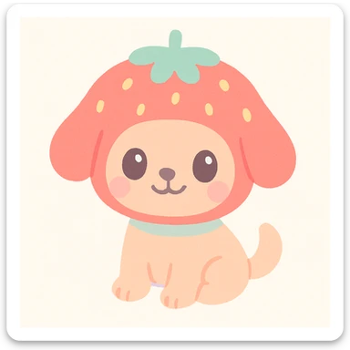 strawberry dog with red fuzzy fur, dog with strawberry-shaped head, cute and playful, kawaii style, simple background sticker