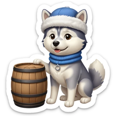 Husky wearing a ice hat holding a barrel sticker