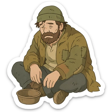 homeless person, cartoon style, soft colors, Ghibli style, no background sticker