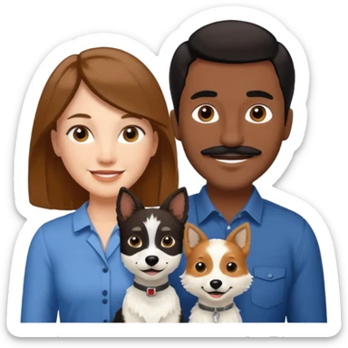 Quiero a una mujer blanca  con el pelo por el hombro lacio castaño  con un hombre de color morochito con el pelo negro y bigote, ambos felices  y un solo perro blanco Fox terrier  sticker