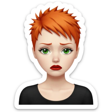 Short spikey Ginger hair, green eyes, black long eye lashes large red lips White woman very sad crying  sticker