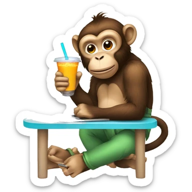 A monkey working on laptop and drinking boba tea  sticker