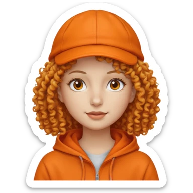 curly haired woman with orange cap and hoodie sticker