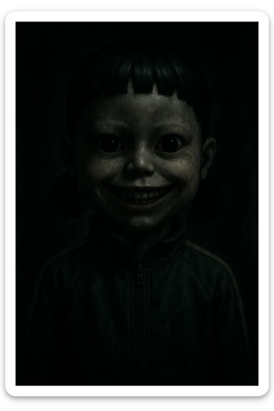scary boy doll with a wide, unsettling smile, inspired by Squid Game, in a dark, eerie style sticker