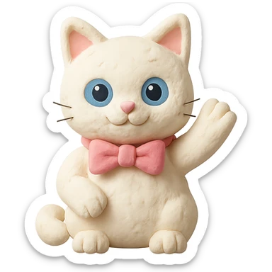 white cat with blue eyes very cute with a pink bow on his neck waving hello, claymation style sticker