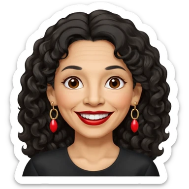 60 yr old peruvian woman, wavy/curly long black hair, red lipstick, big smile, white teeth, brown eyes, hoop earings, side part to hair, round face sticker