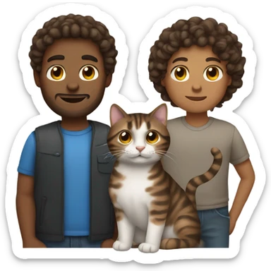 Man with brown curly hair holding dark brown tabby cat sticker
