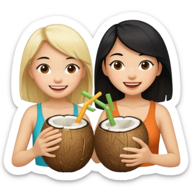 Two girls drinking out of a coconut one is Asian with black hair the other is white with blonde hair  sticker