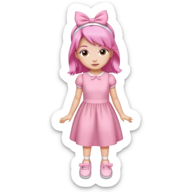 A girl wear a a pink pink dress and pink wacth and a pink hairband and a white shoes sticker