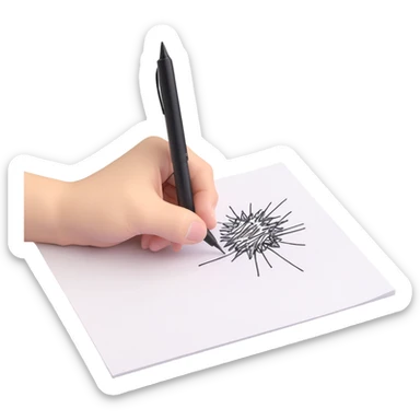A hand holding a pen, aggressively scribbling on a piece of paper. The pen is clearly visible. The paper is filled with random black scribbles, so dense that most of it looks nearly black sticker