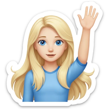 A cute blonde girl with long hair and blue eyes waves arm hello sticker