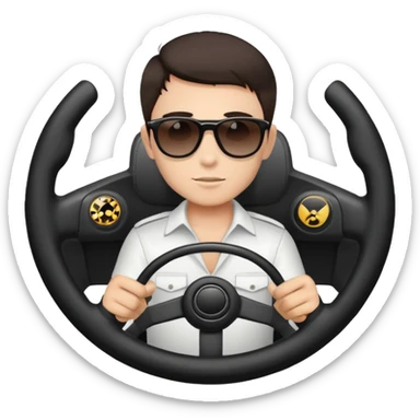 Boy in sunglasses “Boss” holding steering wheel. Dark hair sticker
